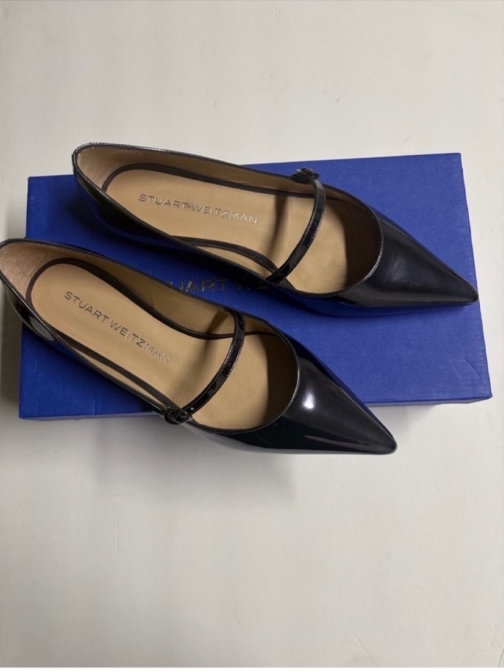 Stuart Weitzman Emilia Mary Janes Cool Gray Specchio Flats